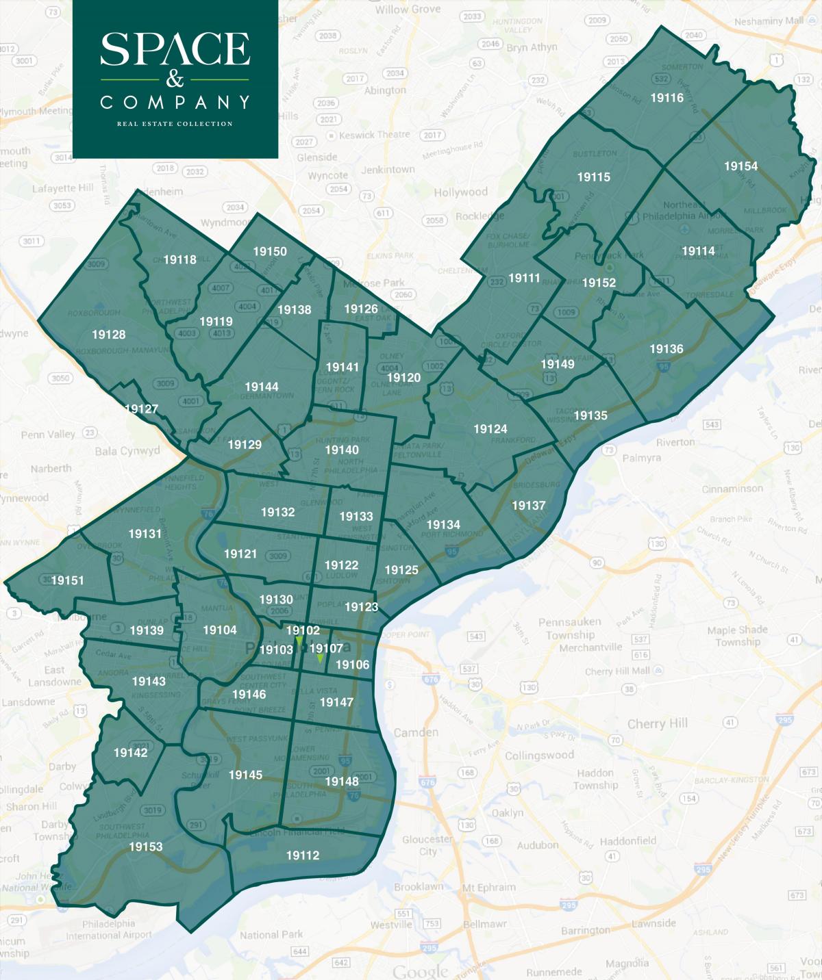 mapa Philadelphia auzo eta posta kodeak